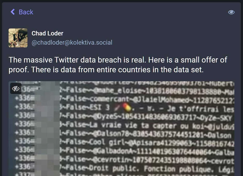 Chad Loder sharing news of the larger breach on Mastodon