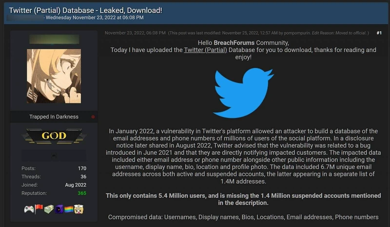 5.4 million Twitter records leaked online for free