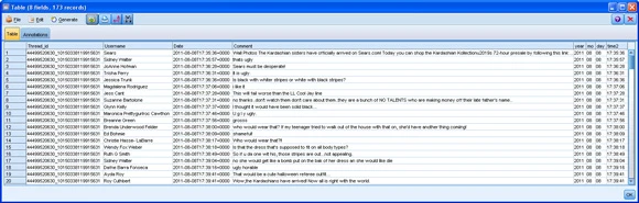 可直接通过 SPSS Modeler Facebook 节点查看的原始评论数据