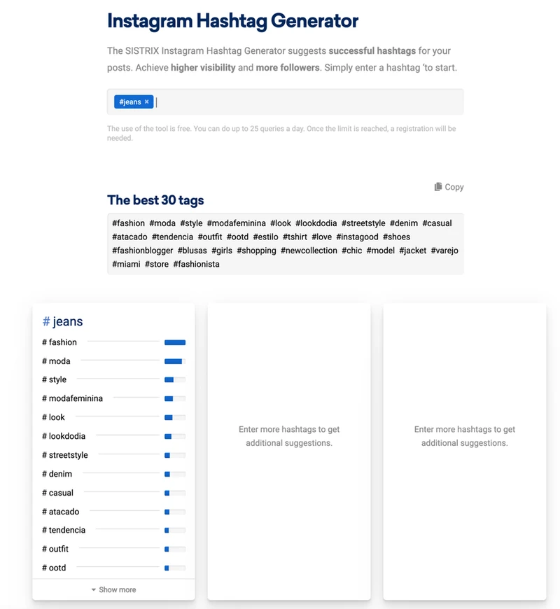 Sistrix Instagram Hashtag Generator lists 30 hashtags to use