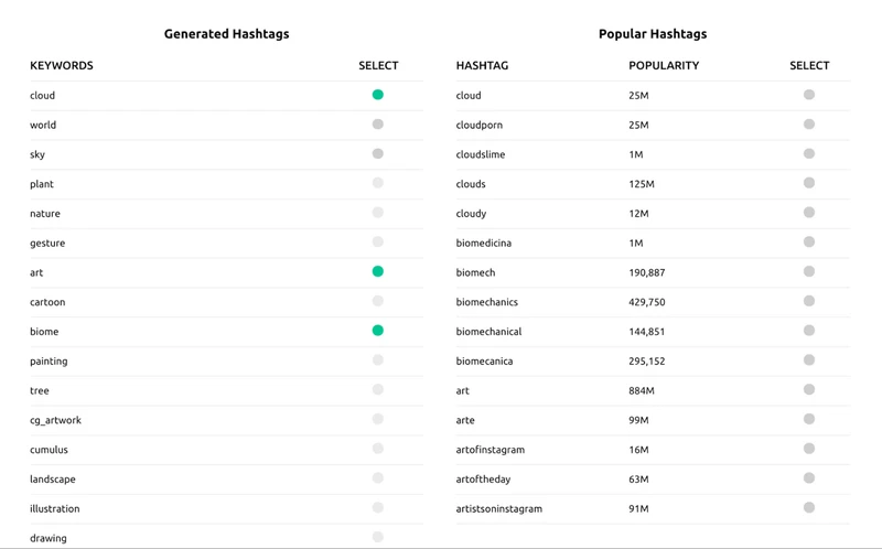 A list of keywords and hashtags generated by Influencer Marketing Hub.