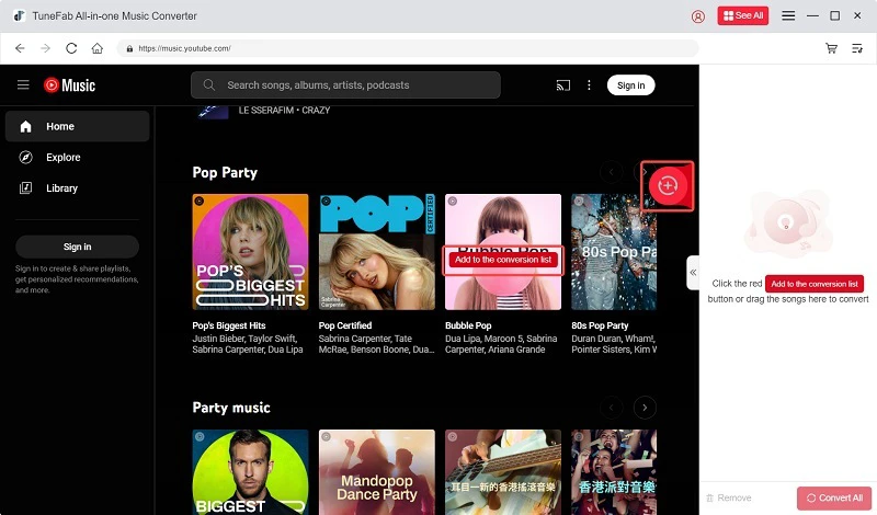 拖动 YouTube Music 进行转换