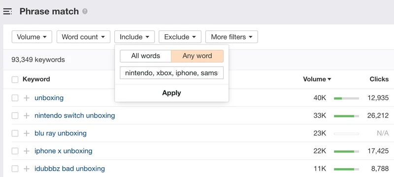 keywords explorer filters