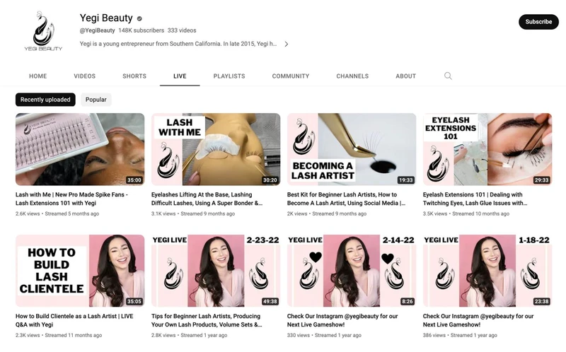 Yegi Beauty的YouTube频道截图