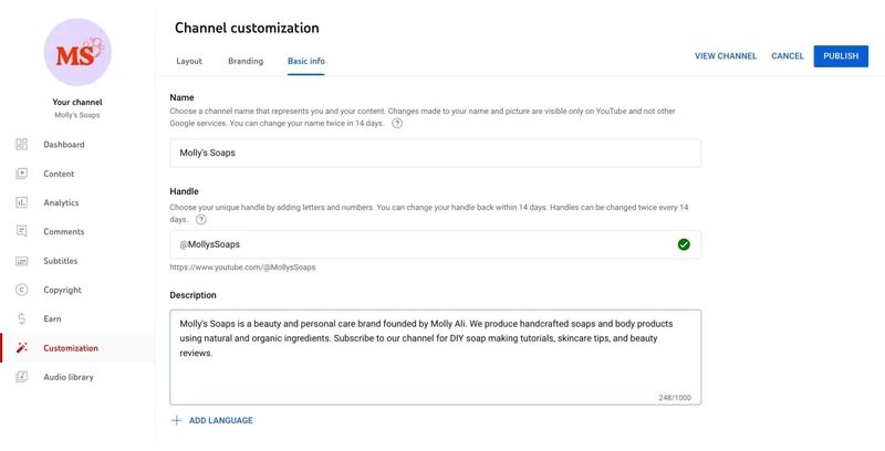 YouTube频道创建流程的屏幕截图，图中展示了用于自定义基本信息的工具