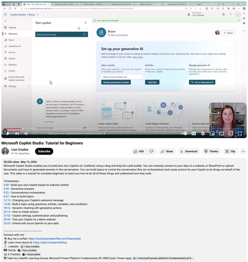 Lisa Crosbie 为其 YouTube 视频“Microsoft Copilot Studio：初学者教程”添加的视频描述的图像。