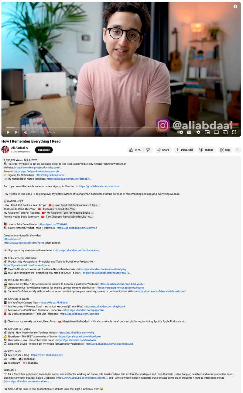 Ali Abdaal 为其 YouTube 视频“我如何记住读过的内容”添加的视频描述的图像。